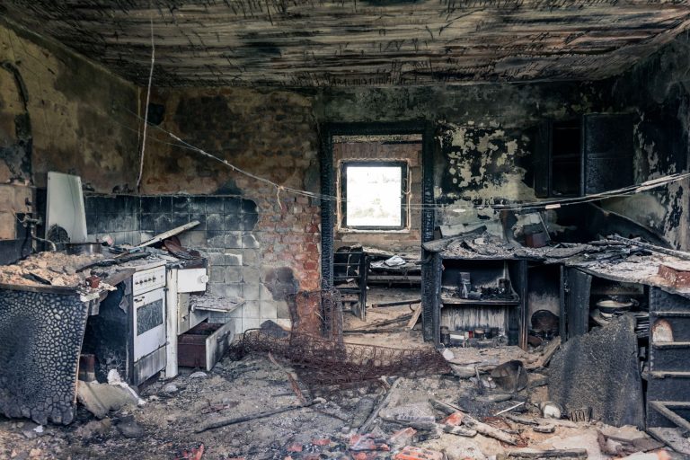 A fire-damaged kitchen