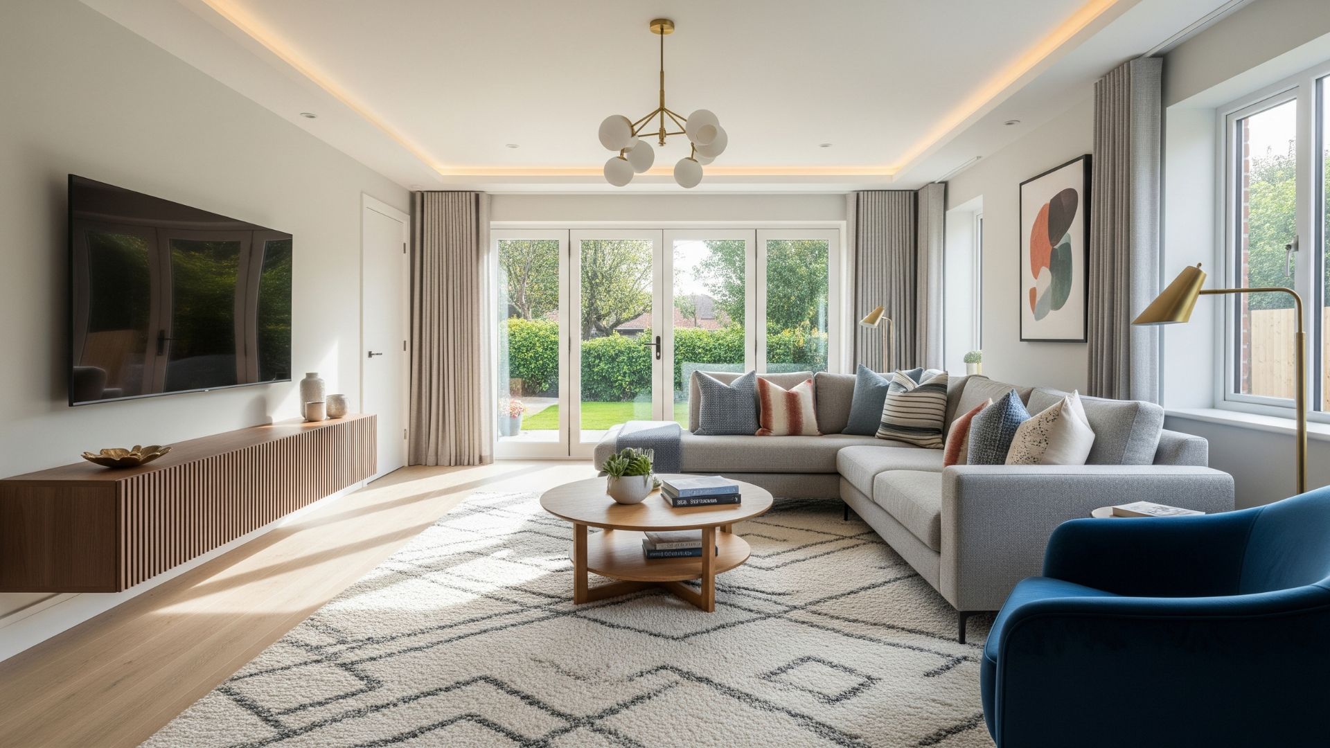 A beautifully restored living room with bright, natural light streaming through the windows.