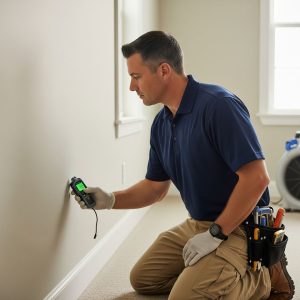 A restoration expert carefully uses a moisture meter to assess wall damage.