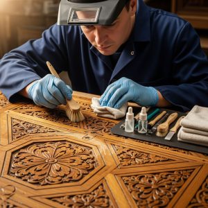 A skilled technician meticulously cleans an intricate wooden surface during restoration.