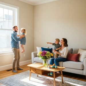 A smiling family relaxes together in their bright and freshly restored home.