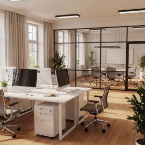 A pristine and modern office interior is shown after a successful commercial restoration.