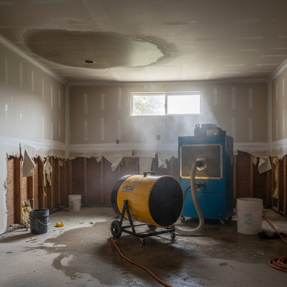 Industrial air movers and dehumidifiers used for structural drying.