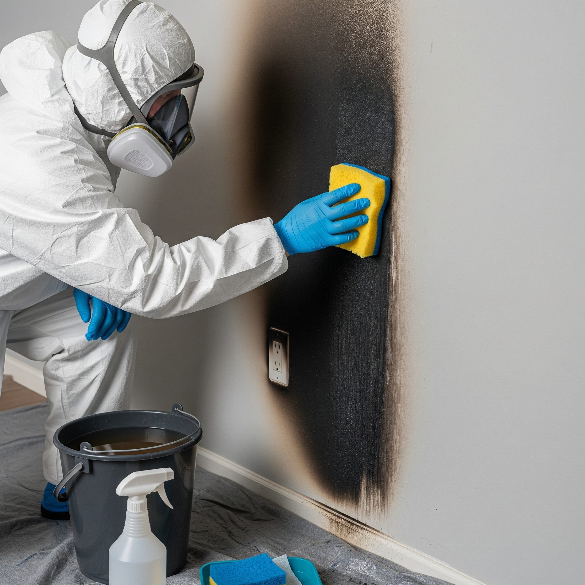A technician in protective gear carefully cleaning a soot-stained wall.