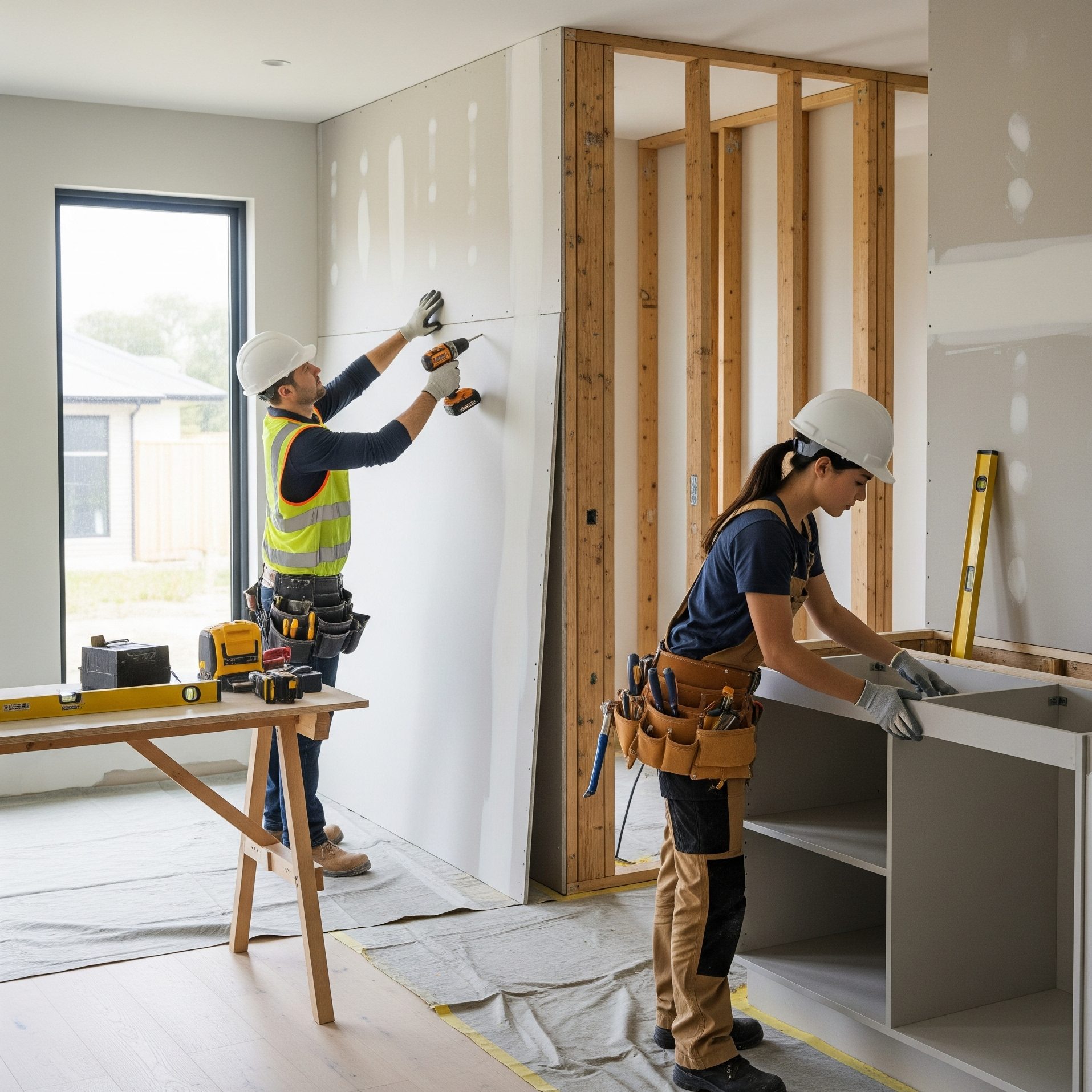 Construction workers installing new drywall and cabinetry in a home during the final restoration phase.