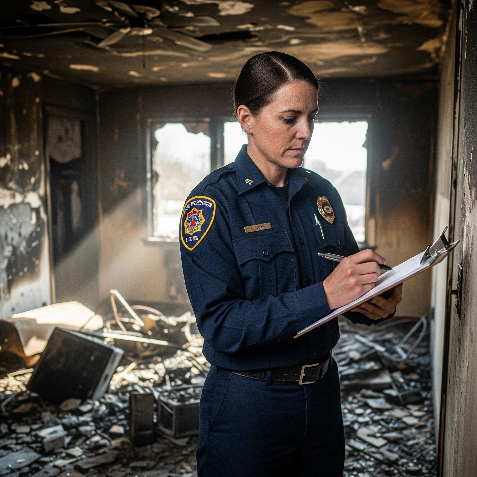 A professional inspector with a clipboard assessing a room with fire damage.