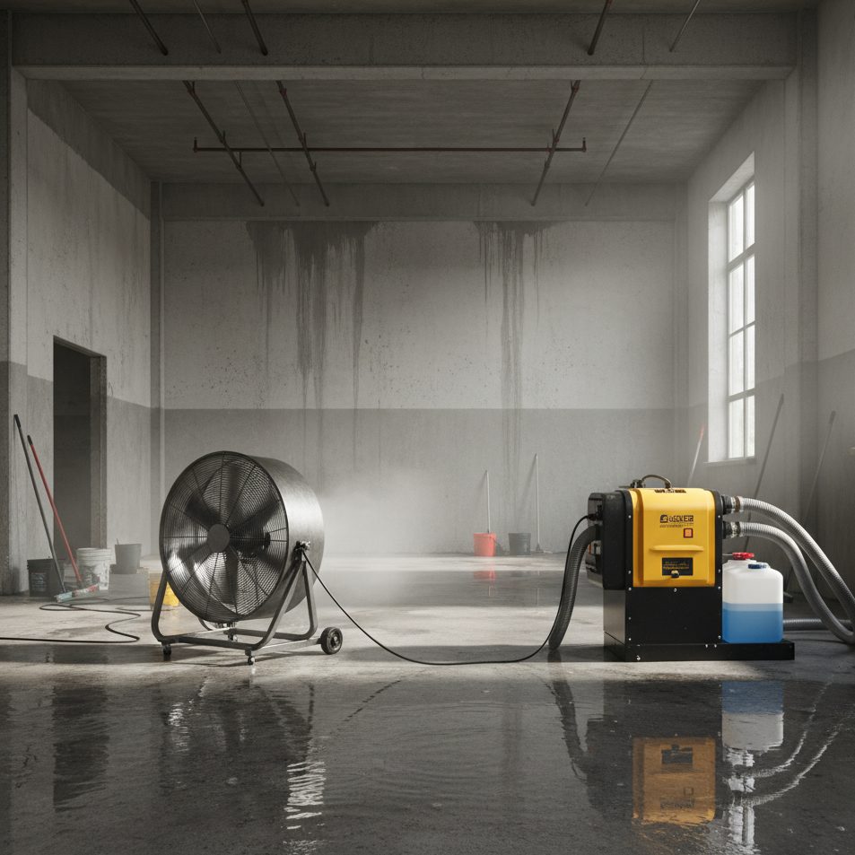 Industrial air movers and dehumidifiers working in a room to dry it out.