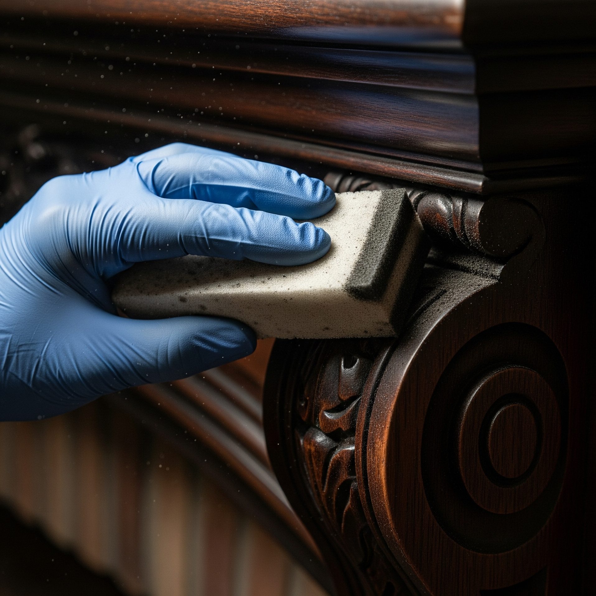 Expert cleaning soot damage from a wall after a house fire.