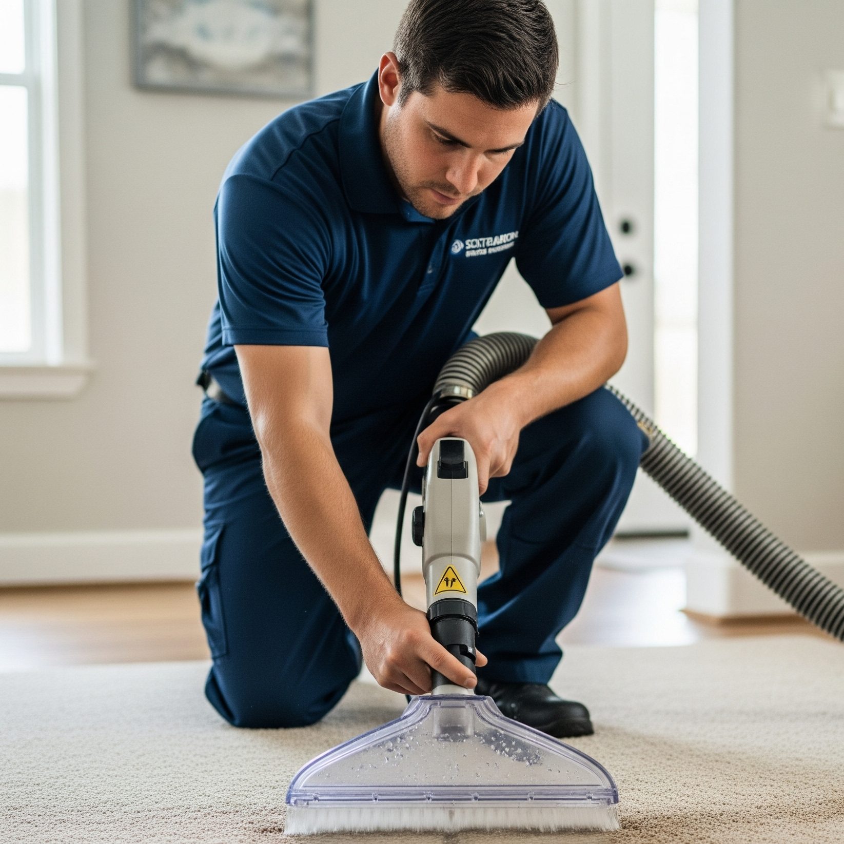 Restoration technician using professional equipment for water extraction.