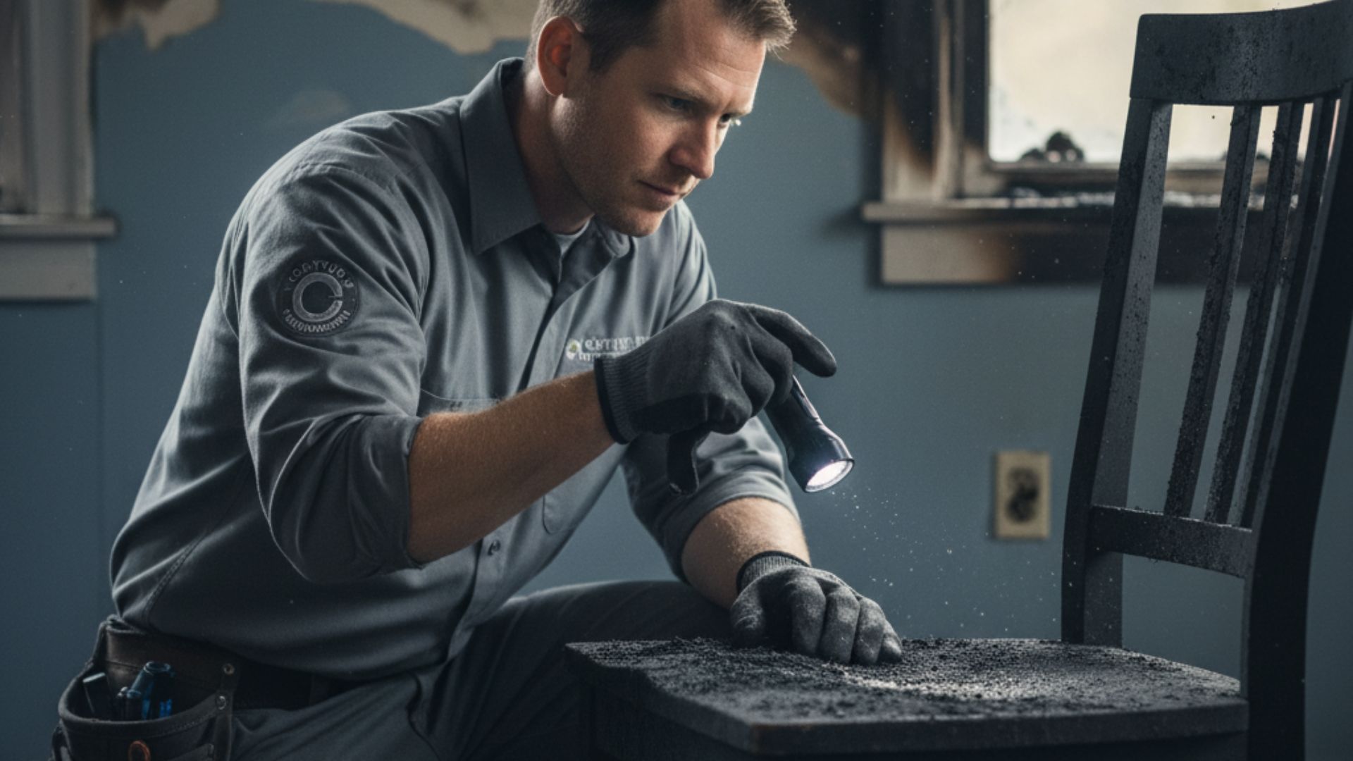 A restoration expert in uniform carefully examines a smoke-damaged antique chair in a home.