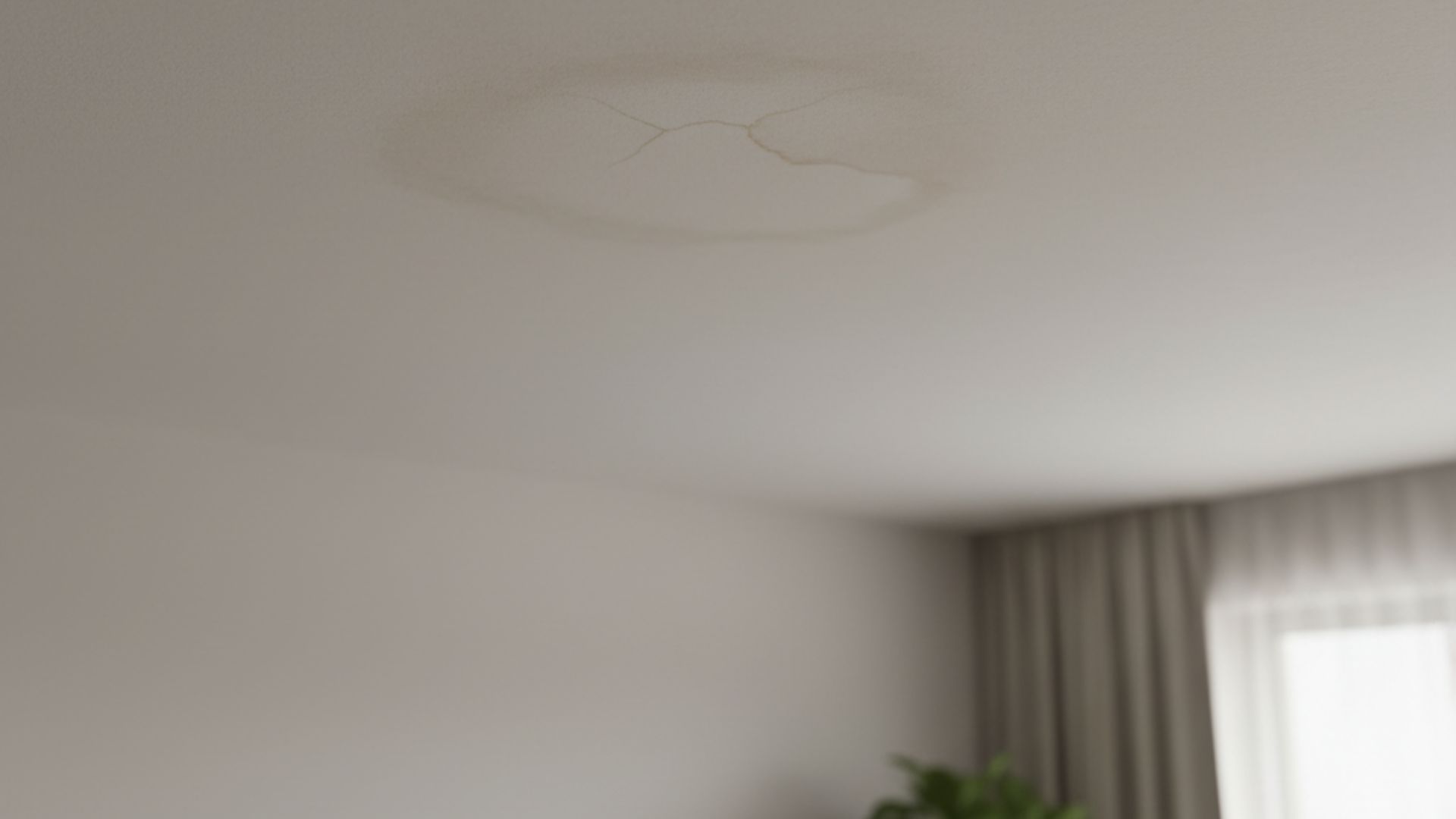 A faint brown water stain spreading across a white ceiling in a home.