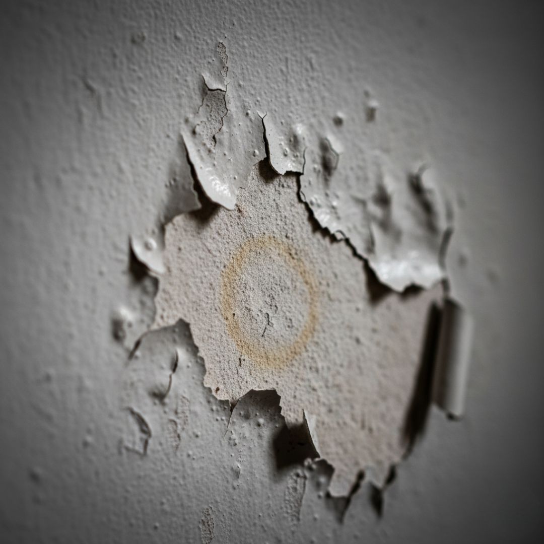 Paint is bubbling and peeling away from a section of drywall damaged by moisture.
