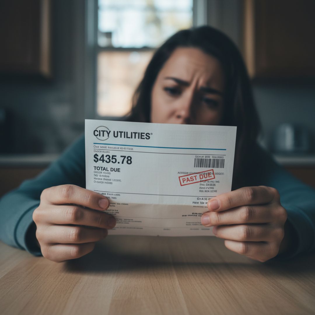 A person's hands are holding a utility bill, showing concern over the high cost.