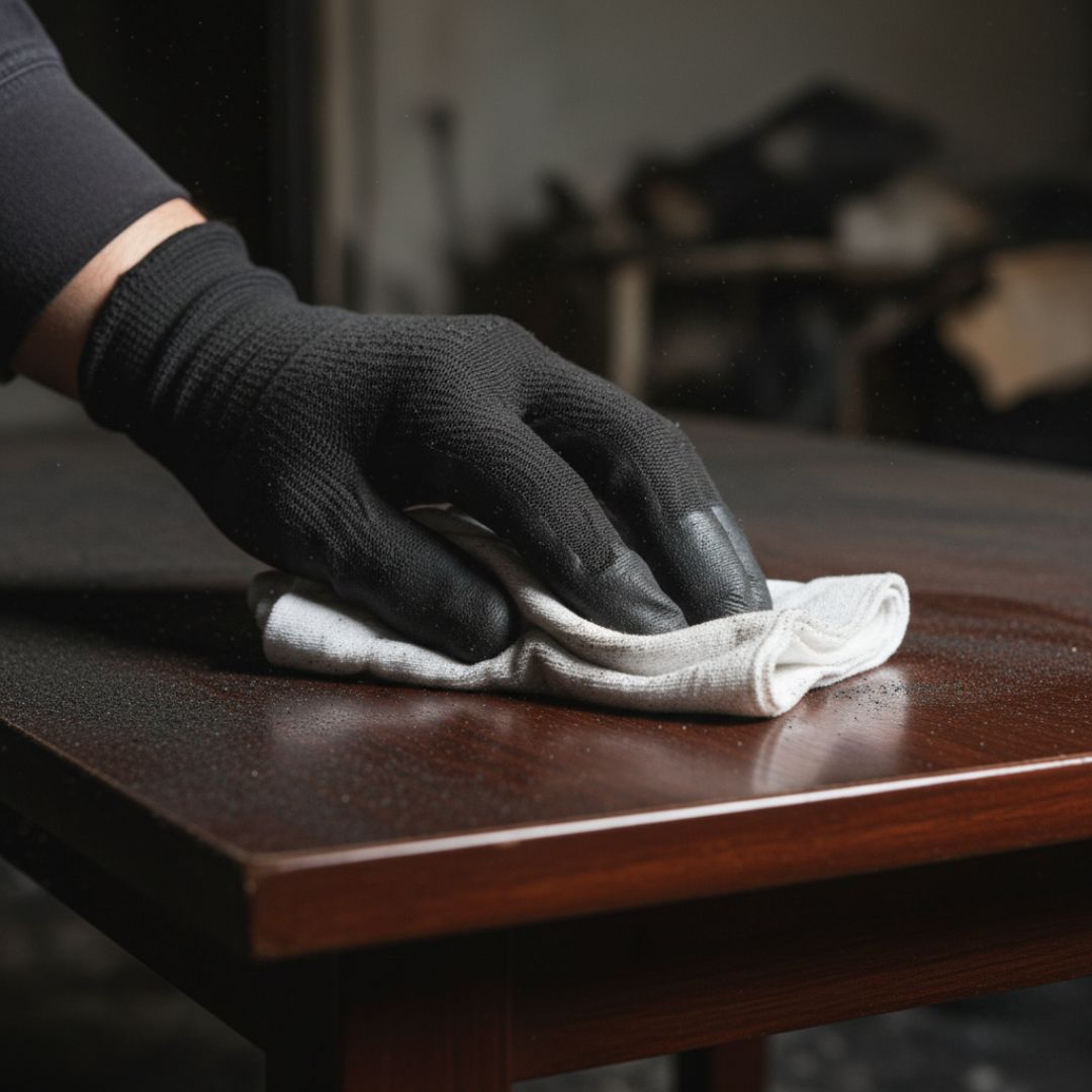 A detailed view of a professional's gloved hand wiping soot from a dark wood surface.