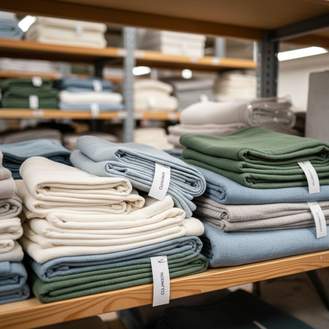 A neat stack of professionally cleaned and restored blankets and fabrics on a shelf.