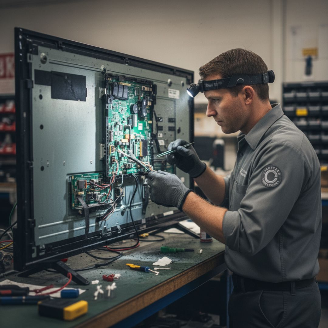 A technician inspects the internal components of a television affected by smoke damage.