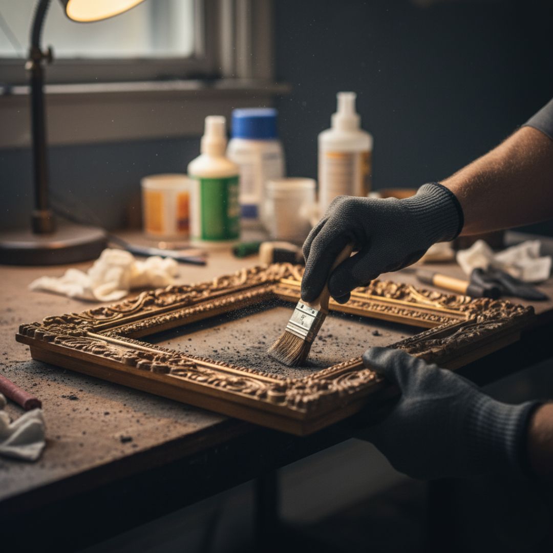 A person wearing gloves gently cleans a vintage, ornate picture frame with a small brush.