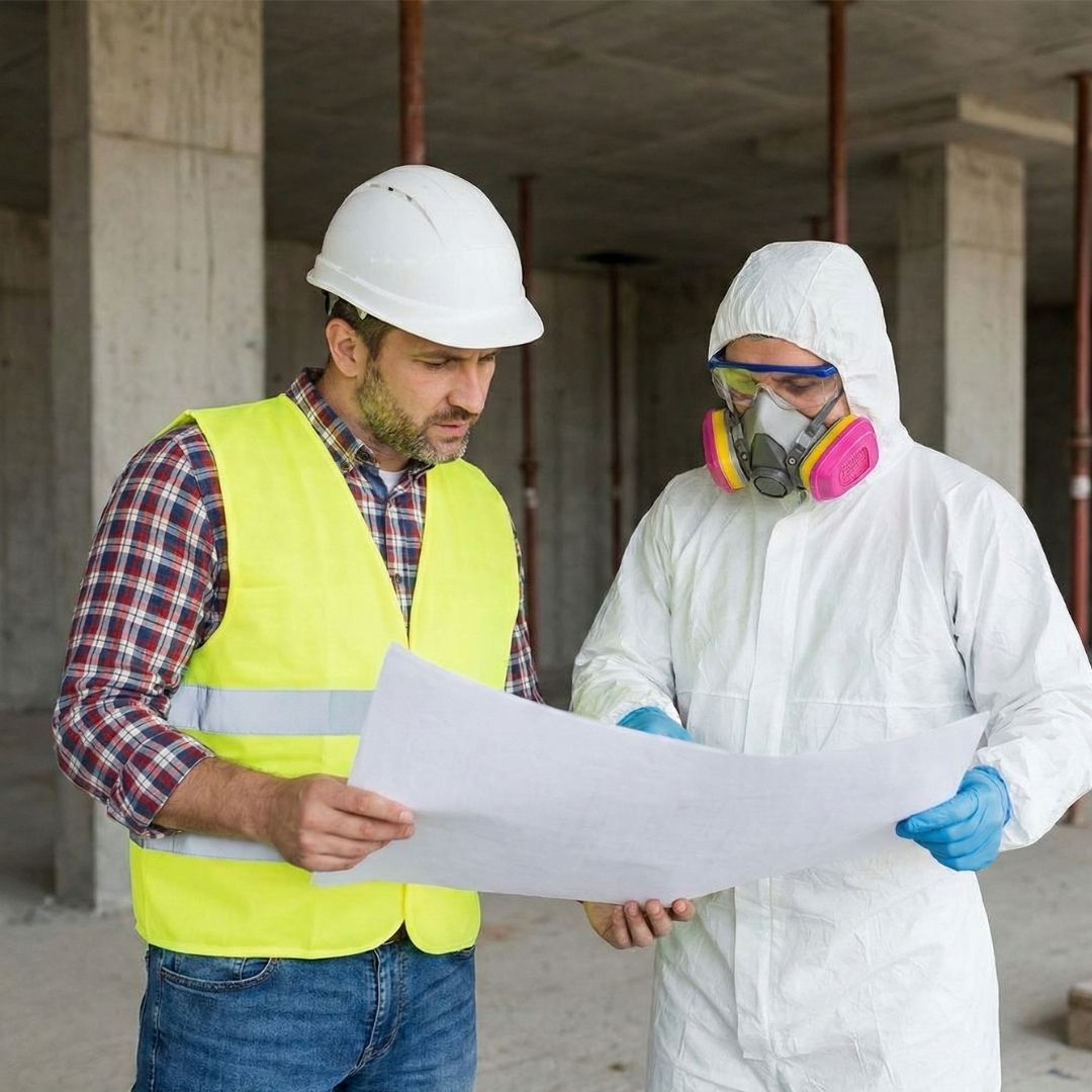A construction worker and a restoration technician review blueprints together at a job site.