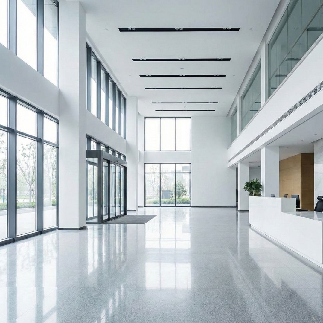A modern, bright commercial office lobby with a reception desk and polished floors.