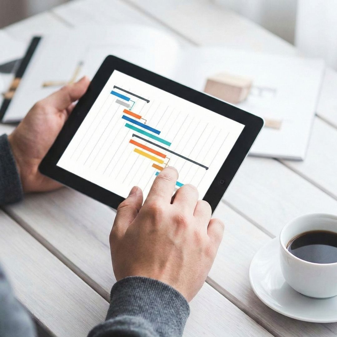 A person views a project timeline on a tablet, representing organized project management.