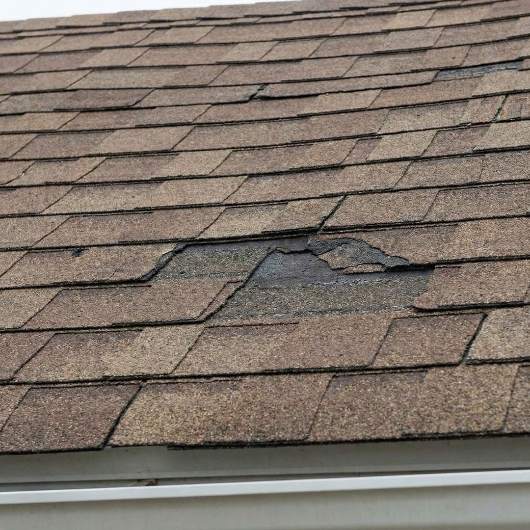 Close-up view of missing and damaged asphalt shingles on a roof.