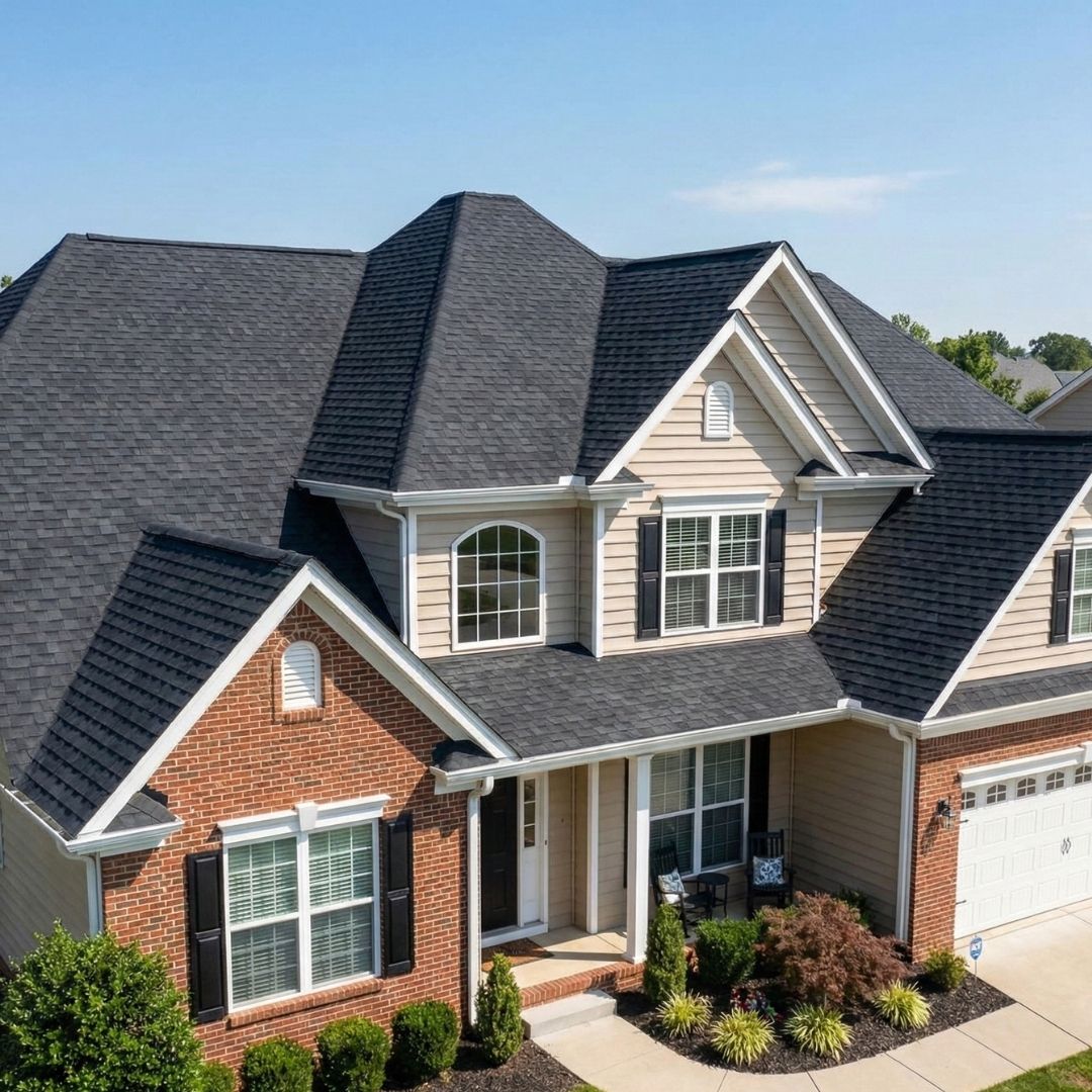 An aerial view of a beautiful home with a newly installed dark architectural shingle roof.